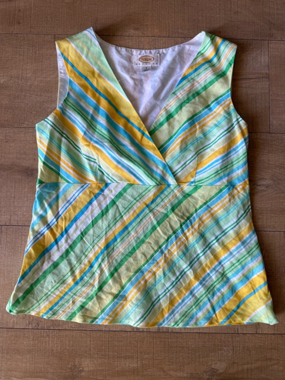 Y2K Talbots Striped Linen-Blend Tank vibrant yellow green blue small petite